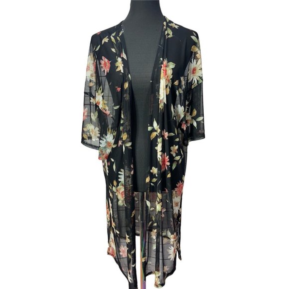 Maternity Vibes‎ Black Floral Print Sheer Long Cardigan Coverup Size Small - Picture 1 of 5